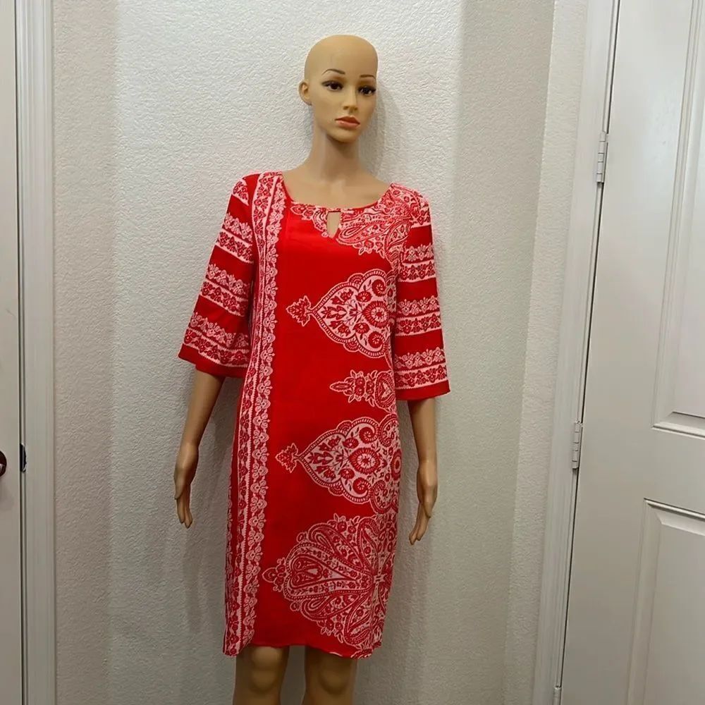 New York & Company Sz Small Orange White Scoop Neck Bell 3/4 Sleeve Midi Cutout